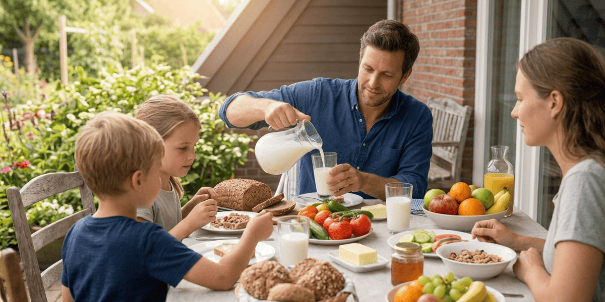 gezin buiten aan het ontbijt met kan karnemelk