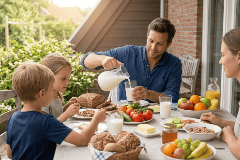 gezin buiten aan het ontbijt met kan karnemelk