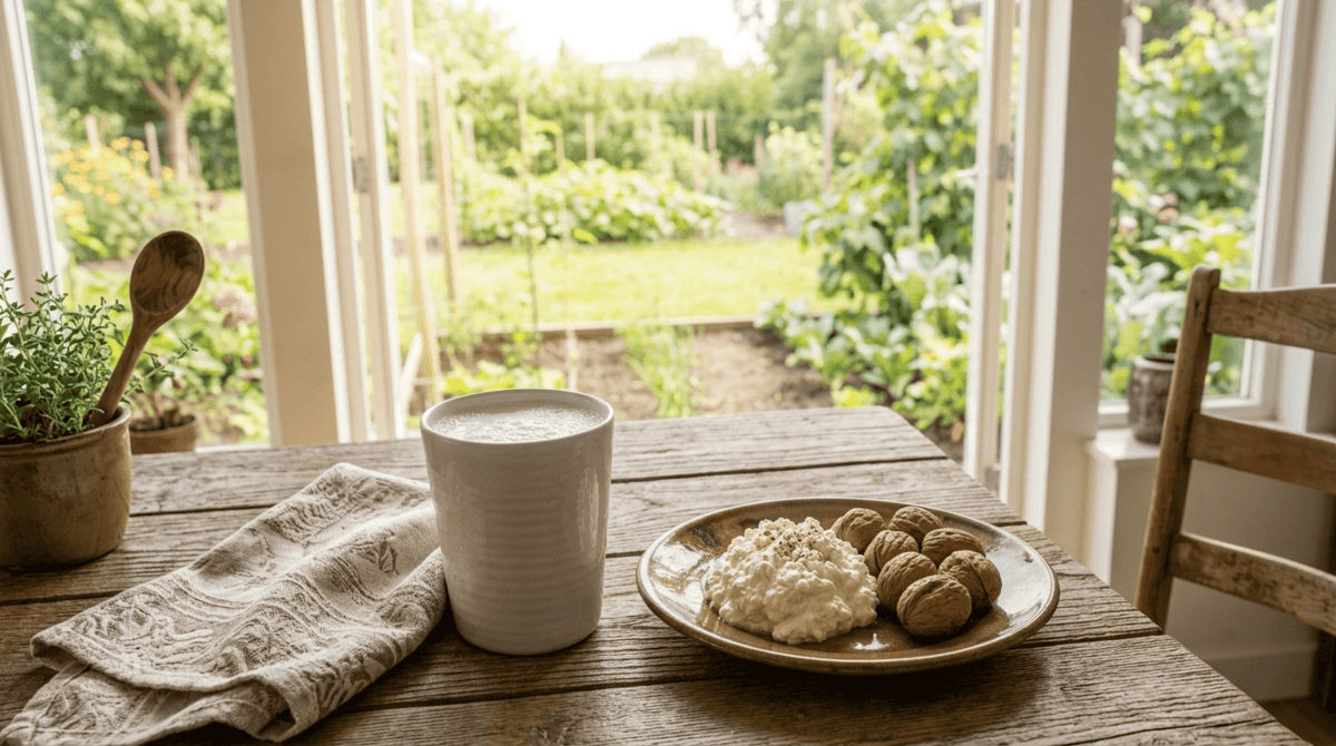 tafel met bord eten en glas karnemelk