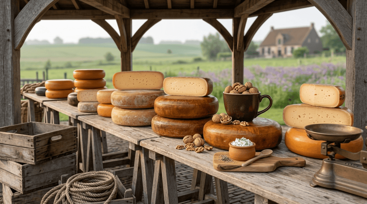 verschillende kaaswielen op tafels buiten