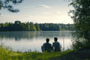 Mannen die aan het vissen zijn bij een meer