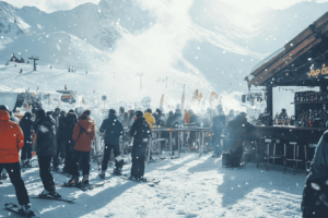 Een volle Aprés Ski bar op de bergen
