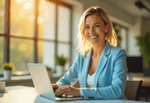 een vrouw kijk blij achter de laptop