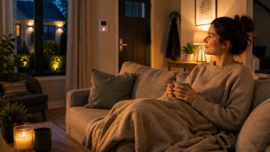 Vrouw ontspannen op bank in veilige woning met warme verlichting en gevoel van rust en controle