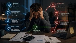 Financiële stress visualisatie met mentale druk, lichamelijke reacties en verstoord herstel in één overzicht
