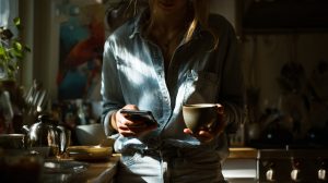 Ochtendroutine met koffie en telefoon als voorbeeld van kleine gewoontes gedrag in dagelijks leven
