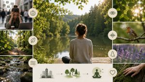Persoon in groene omgeving bij water als voorbeeld van groene omgevingen stress verminderen