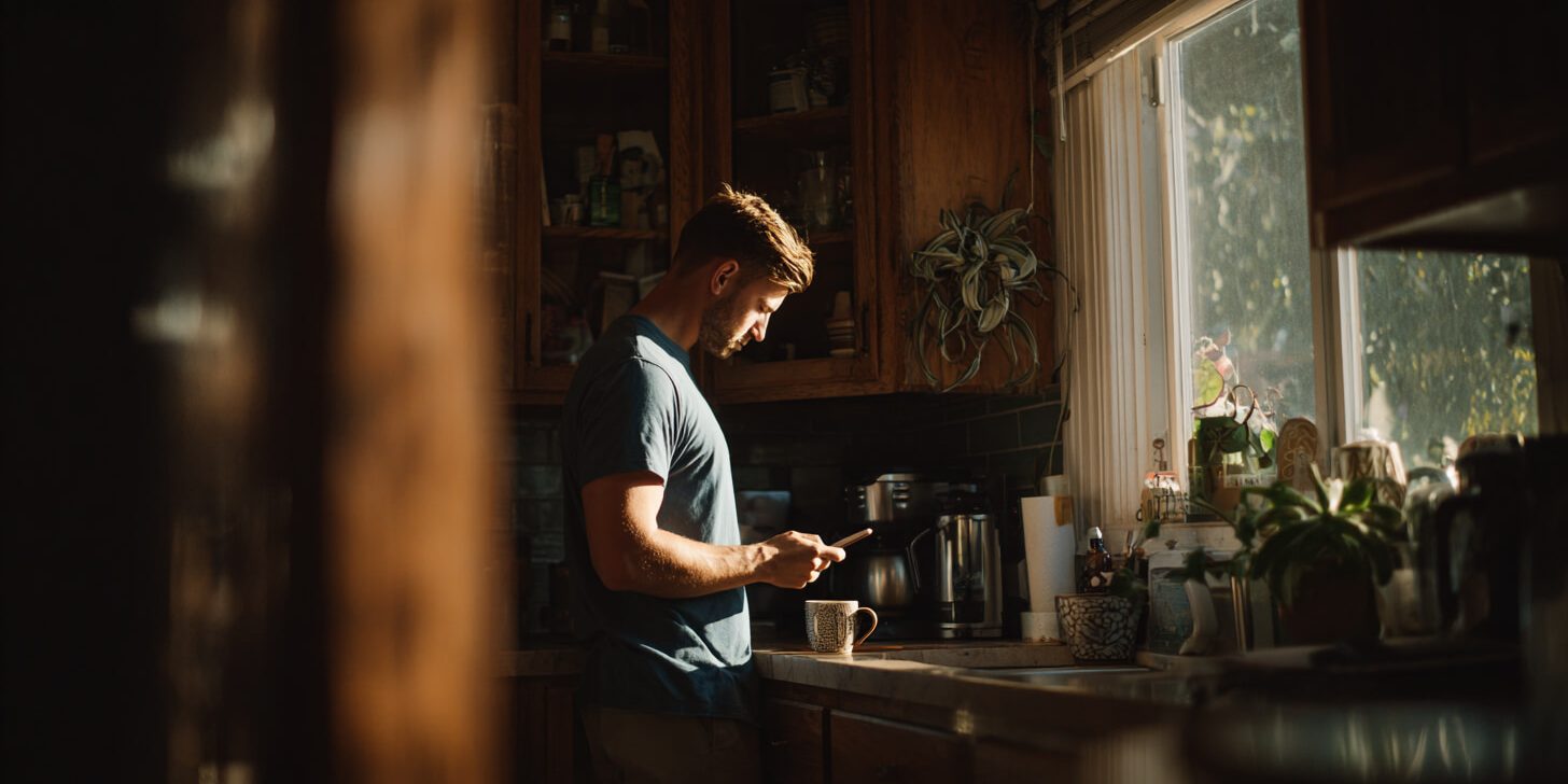Man in keuken met telefoon en koffie tijdens vaste routine binnen kleine gewoontes gedrag