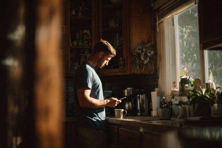 Man in keuken met telefoon en koffie tijdens vaste routine binnen kleine gewoontes gedrag