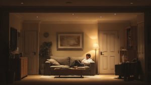Man zit rustig in woonkamer met verlichting en veilige omgeving die bijdraagt aan minder stress in huis
