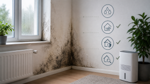 Vochtproblemen schimmel in hoek van kamer bij raam met condens en slechte ventilatie zichtbaar