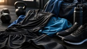 Sportkleding prestaties met ademende outfits, schoenen en accessoires klaar voor training in sportschool