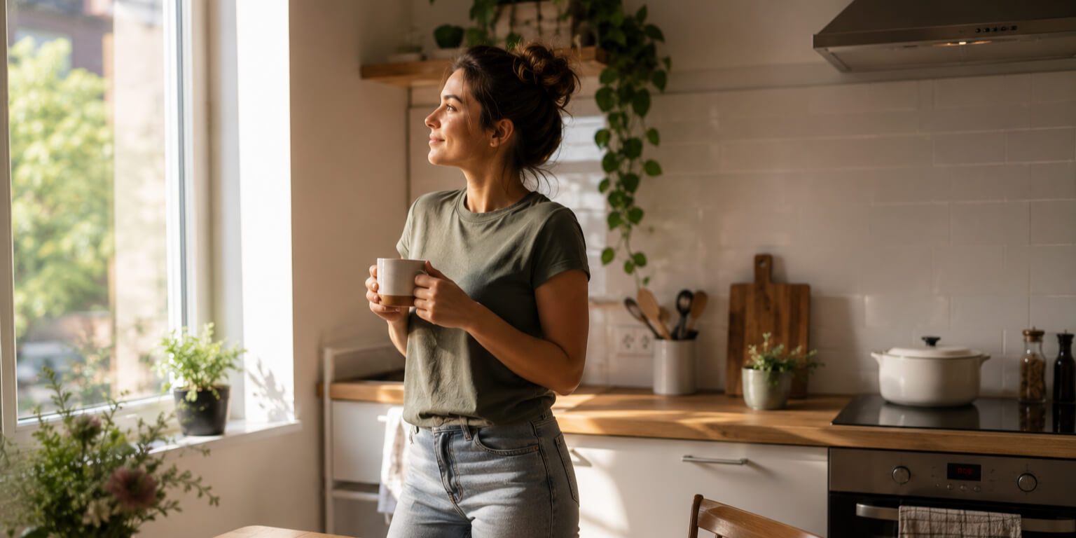Vrouw in rustige keuken met koffie ervaart ontspanning door veilige woning en minder stress