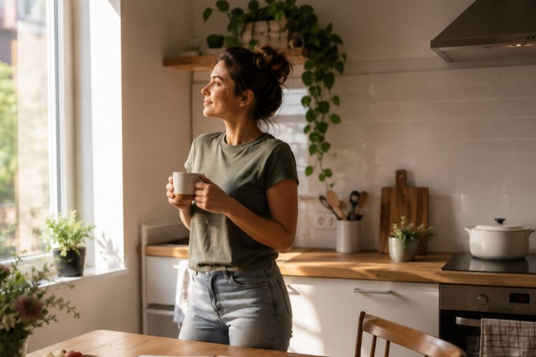 Vrouw in rustige keuken met koffie ervaart ontspanning door veilige woning en minder stress