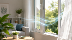 Open raam met frisse luchtstroom laat effect van ventilatie op slechte ventilatie in huis zien