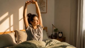 Vrouw die ochtendroutine start met rekken in bed als onderdeel van kleine gewoontes gedrag