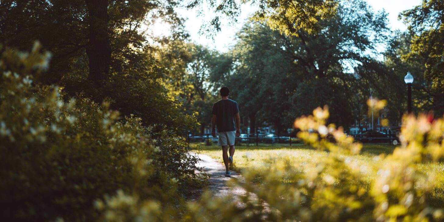 Wandelen in park met bomen ondersteunt groene omgevingen stress en mentale ontspanning