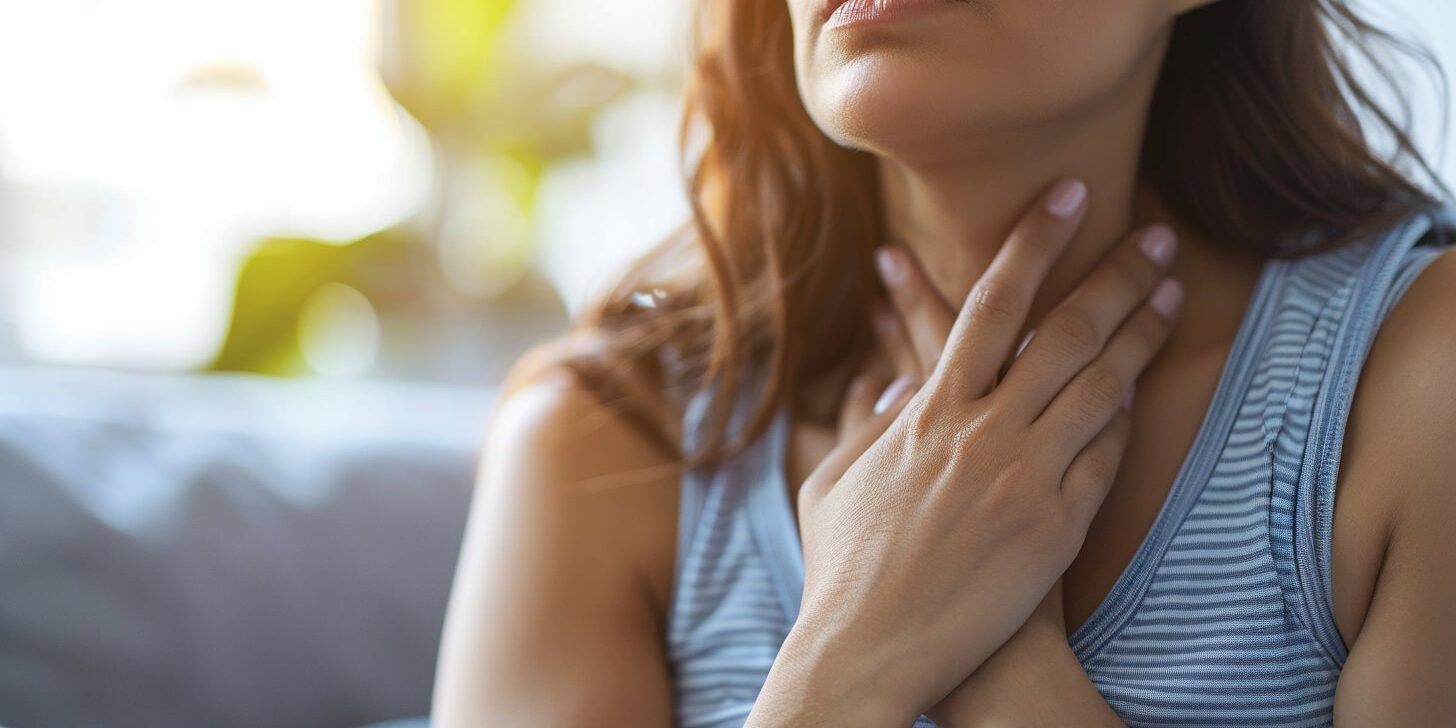 Vrouw met hand op keel bij klachten passend bij zuurstoftekort in weefsels