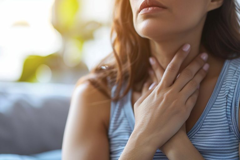 Vrouw met hand op keel bij klachten passend bij zuurstoftekort in weefsels