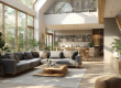 Modern huis met grote ramen, planten en warme sfeer