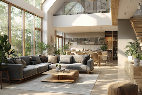 Modern huis met grote ramen, planten en warme sfeer