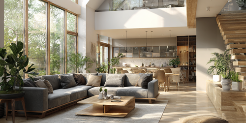 Modern huis met grote ramen, planten en warme sfeer