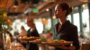 Serveerster werkt ergonomisch tijdens het uitserveren om fysieke klachten horeca te beperken.