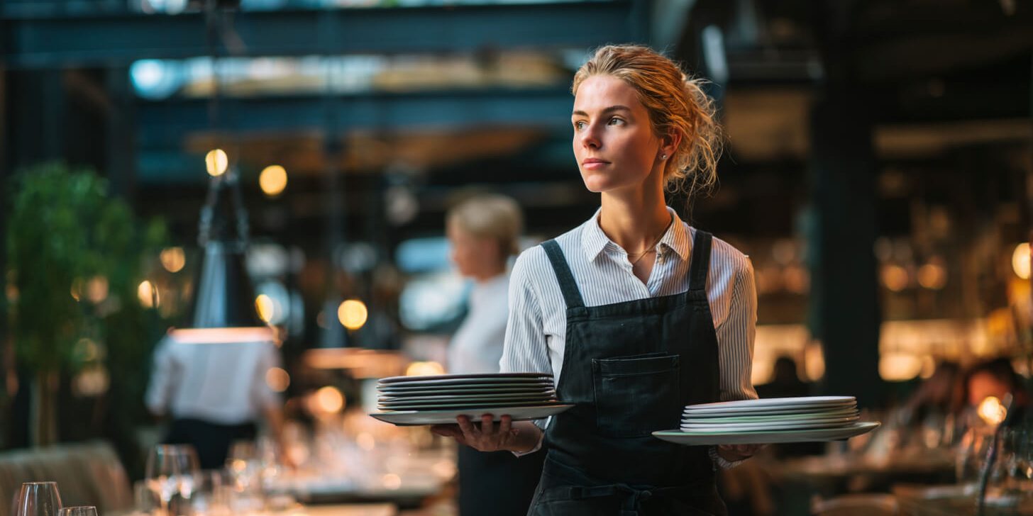 Horecamedewerker tilt servies op de juiste manier om fysieke klachten horeca tijdens lange diensten te voorkomen.