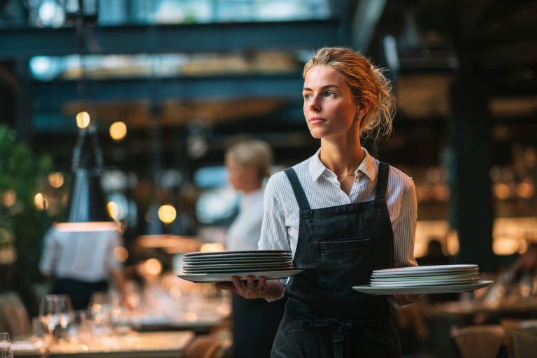 Horecamedewerker tilt servies op de juiste manier om fysieke klachten horeca tijdens lange diensten te voorkomen.