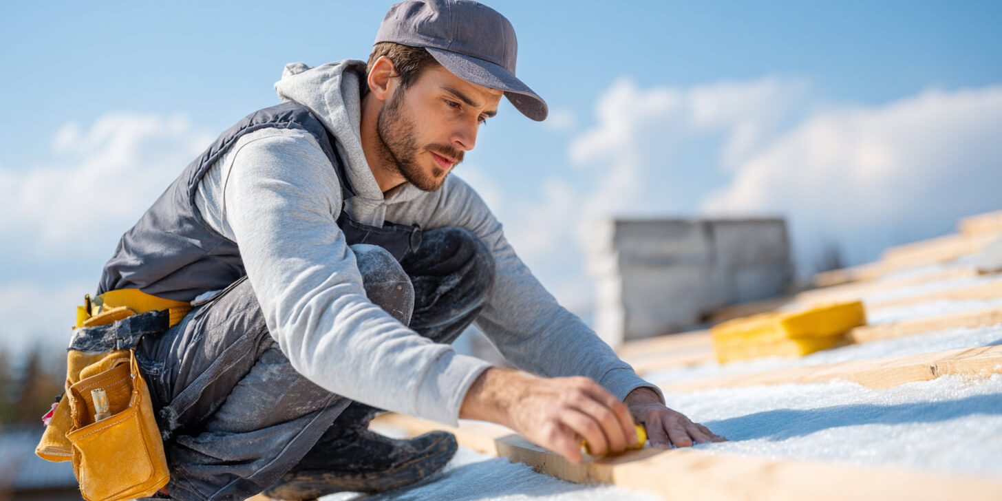 Vakman brengt isolatiemateriaal aan voor een goed geïsoleerd dak tijdens renovatiewerkzaamheden.