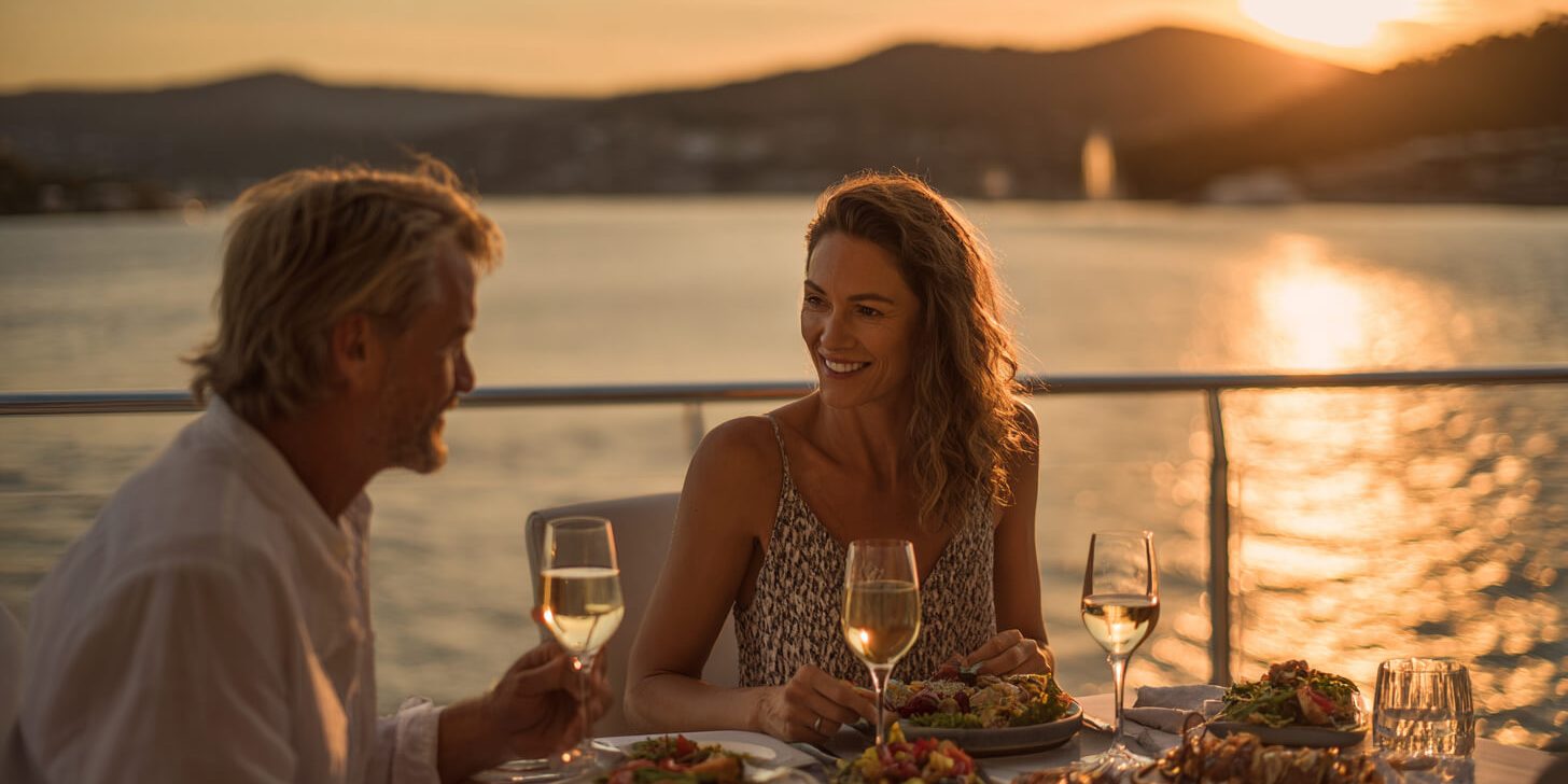 Stel geniet van een maaltijd tijdens een Dinner cruise op het water bij zonsondergang.