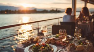 Gedekte tafel tijdens een Dinner cruise waar eten, ontspanning en uitzicht samenkomen.