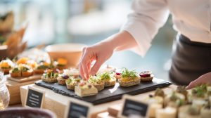 Chef presenteert gerechten die worden uitgelicht op luxe menukaarten in de horeca.
