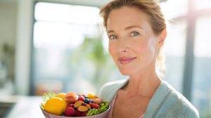 Vrouw met fruit en noten als voorbeeld van huidveroudering voeding en een gevarieerd voedingspatroon.