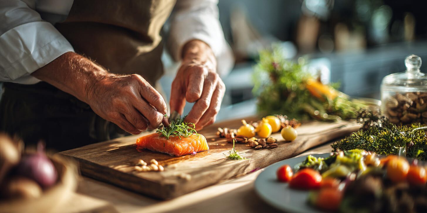 Bereiding van zalm en groenten met voedingsstoffen die passen binnen huidveroudering voeding.