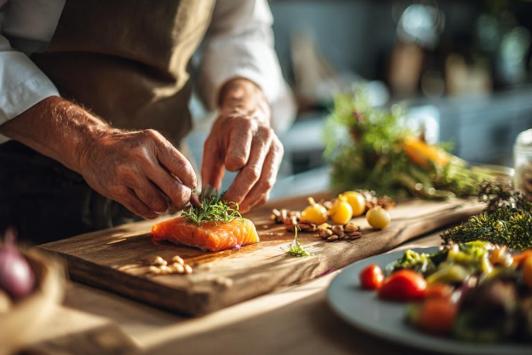 Bereiding van zalm en groenten met voedingsstoffen die passen binnen huidveroudering voeding.