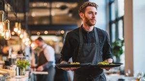 Horecamedewerker draagt borden tijdens een drukke dienst en voorkomt fysieke klachten horeca met een goede werkhouding.