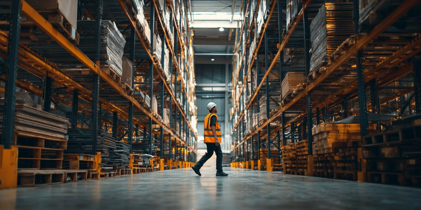Medewerker loopt door magazijn met een duurzame werkvloer voor veilig en intensief gebruik.