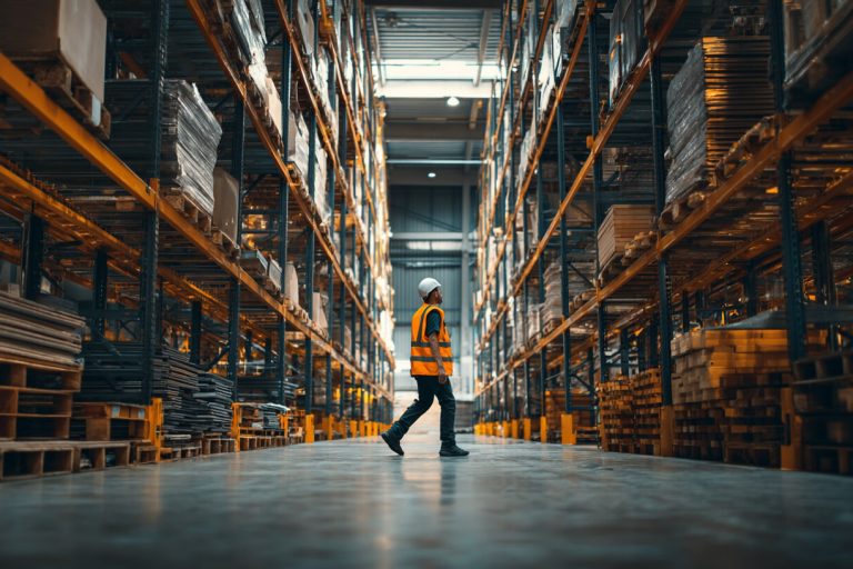 Medewerker loopt door magazijn met een duurzame werkvloer voor veilig en intensief gebruik.