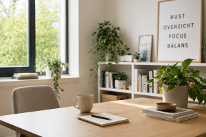 Opgeruimde werkplek met bureau, planten en daglicht voor meer focus en mentale rust