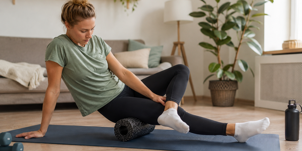 Persoon doet thuis herstel- en mobiliteitsoefeningen op een yogamat tijdens het revalideren van een blessure