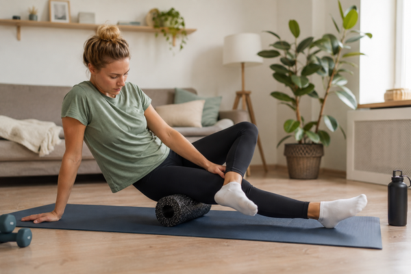 Persoon doet thuis herstel- en mobiliteitsoefeningen op een yogamat tijdens het revalideren van een blessure Persoon doet thuis herstel- en mobiliteitsoefeningen op een yogamat tijdens het revalideren van een blessure