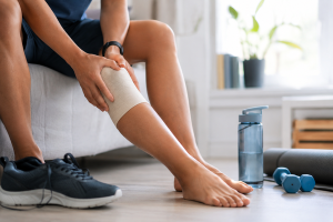 Persoon met een knieblessure zit thuis en ondersteunt het herstel met rust, hydratatie en lichte oefeningen