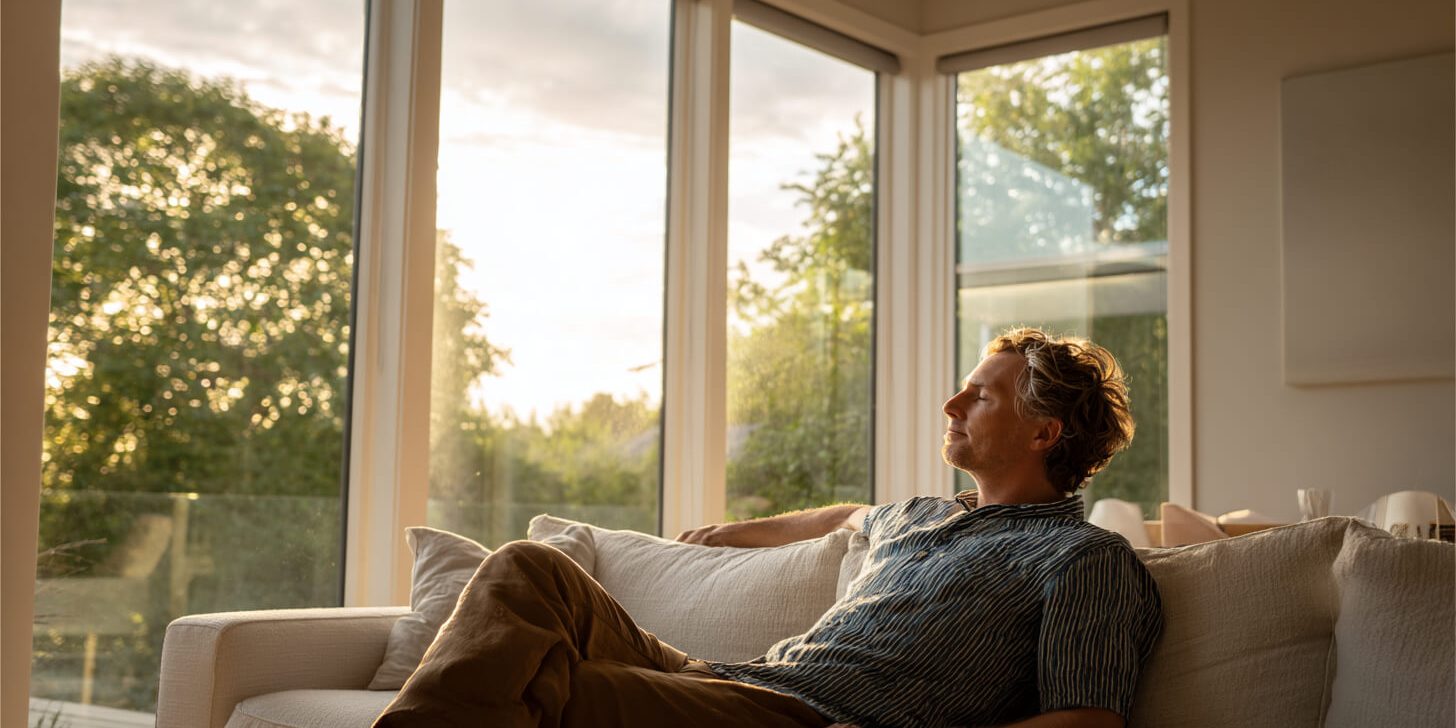 Persoon ontspant in een onderhoudsarme woning die bijdraagt aan een gezonder leven