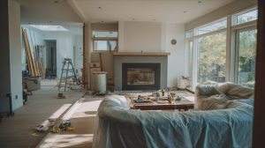 Woonkamer tijdens verbouwen in huis met afgeschermde meubels, gereedschap en renovatiewerkzaamheden.