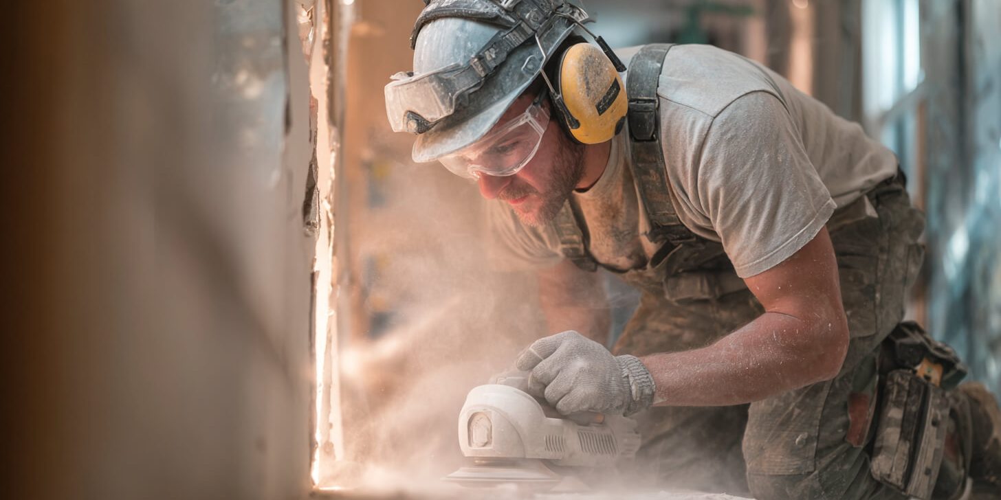 Bouwvakker veroorzaakt stof tijdens verbouwen in huis bij sloop- en renovatiewerkzaamheden.