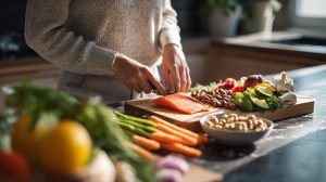 Gezonde maaltijd met zalm, noten en groenten als onderdeel van huidveroudering voeding.