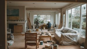 Aannemers aan het werk tijdens verbouwen in huis terwijl een leefruimte wordt gerenoveerd.