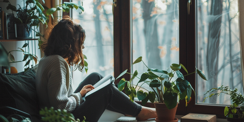 autonomie-mentaal-welzijn-zelfreflectie vrouw bij raam boek lezen