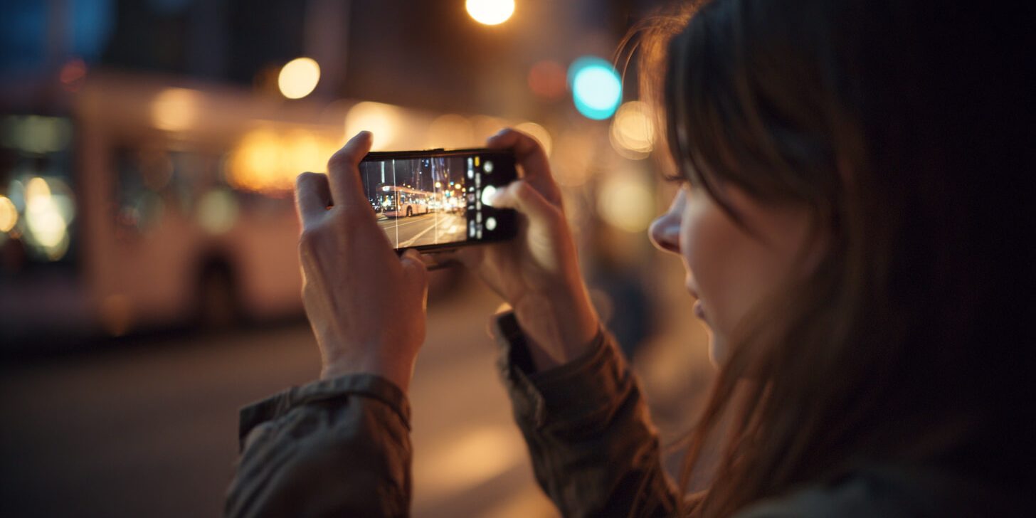foto buiten Persoon gebruikt smartphone in de avond, terwijl minder schermtijd thuis helpt om bewuster met telefoongebruik om te gaan.